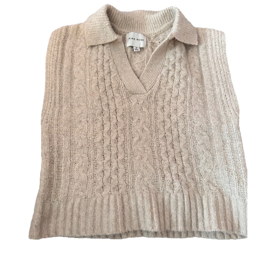Pink Rose Women's Medium Tan Cable Knit Collared V Neck Sleeveless Sweater